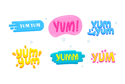 Yum Yum Icons Set. Creative Banners with Colorful Typography and Design Elements. Text Composition Isolated on White Background. Tags for Cafe, Restaurant Menu, Web, Social Media. Vector Illustration