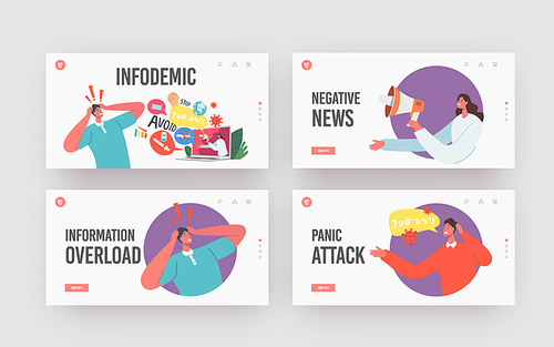 Negative News, Panic, Disaster, Infodemic Landing Page Template Set. Stressed Character Hold Head Looking on Laptop Screen with Presenter Broadcasting Bad Newsfeed. Cartoon People Vector Illustration