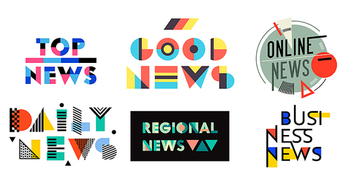News Geometric Labels Badges Quotes Set. Top, Good, Online, Daily, Regional, Business News, Media Design Elements, Magazine Typography Message Information Stickers Signs Icons. Vector Illustration
