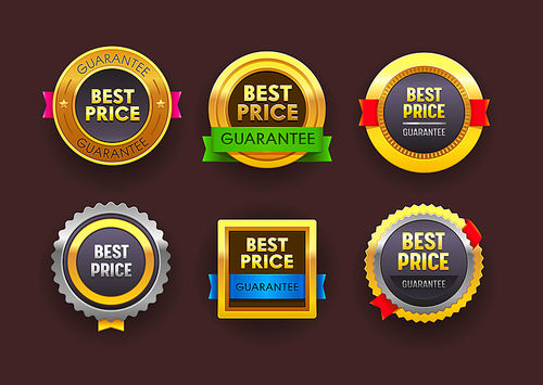 Set of Best Price Guarantee Icons, Isolated Round and Square Labels with Gold Frame and Ribbons. Promotion Emblem or Sticker for Store, Special Offer, Luxury Quality Vector Illustration Badges Design