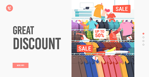 Great Discount Landing Page Template. Buyers Female Characters Seasonal Sale. Girls Grab Apparel from Store Hangers Buying Low Price Purchases. Happy Women Shopping. Cartoon People Vector Illustration