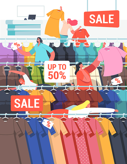 Buyers Female Characters at Seasonal Sale or Discount. Cheerful Shopaholic Girls Grab Apparel from Store Hangers Buying Low Price Purchases. Happy Women Shopping. Cartoon People Vector Illustration