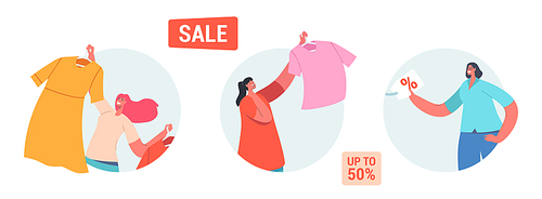 Set of Icons Sale and Discount. Happy Female Characters Shopping Recreation. Women Buying Fashionable Apparel Dresses by Low Price. Consumerism and Price Off Promo. Cartoon People Vector Illustration