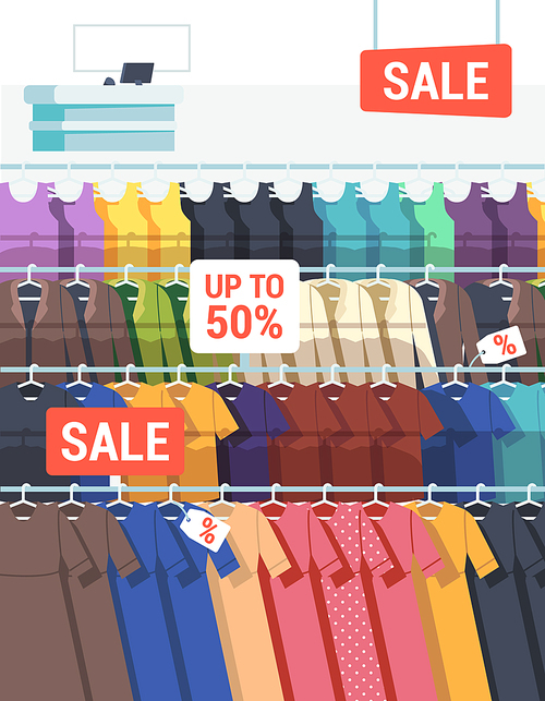 Seasonal Sale or Discount Banner with Store Interior and Apparel on Hangers. Promotion for Buying Low Price Purchases. Black Friday Shopping Day, Gift Coupon or Card. Cartoon Vector Illustration