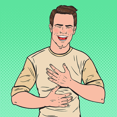 Pop Art Portrait of Young Man Laughing Hard with Hands on His Belly. Positive Emotion Facial Expression. Vector illustation