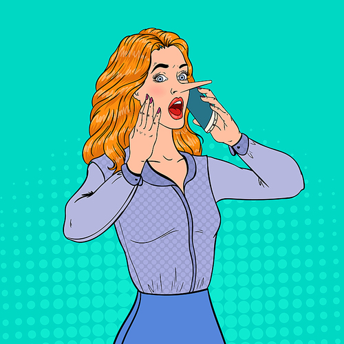 Pop Art Shocked Woman with Long Nose Talking on Smartphone. Fake News Concept. Vector illustration