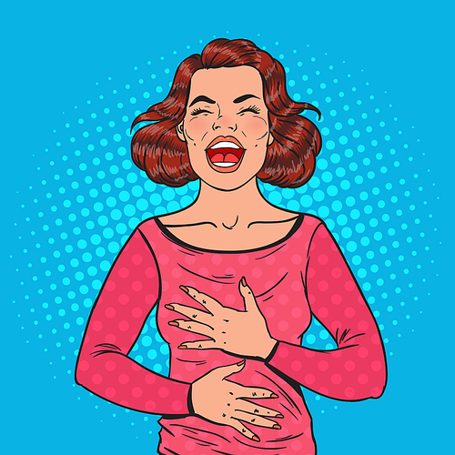 Pop Art Portrait of Happy Woman Laughing Hard with Hands on Her Belly. Positive Emotion Facial Expression. Vector illustation
