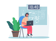 Little Girl Sitting on Chair with Laptop in Hands near Blackboard with Formulas. Child Education, School Class for Prodigy Kid, Robotics or Mathematics Studying. Cartoon Vector Illustration