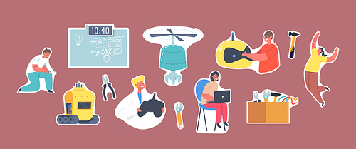 Set of Stickers Kids Programming and Creating Robots . Engineering Class for Kids, Children Learn Science, Mechanic Activities, Early Development Classes Education. Cartoon People Vector Illustration