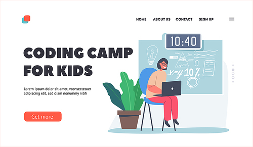 Coding Camp for Kids Landing Page Template. Little Girl with Laptop in Hands near Blackboard with Formulas. Child Education, School Class for Prodigy Kid, Robotics. Cartoon Vector Illustration
