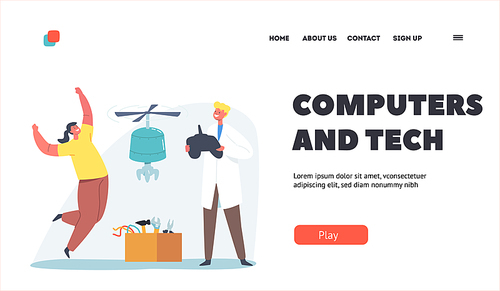 Computers and Tech Landing Page Template. Kids Create Invention. School Robotics Class. Children with Remote Control Presenting Flying Robot or Quadcopter , Innovation. Cartoon Vector Illustration