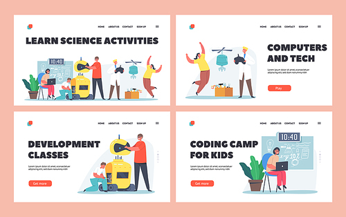 Kids Learn Science Activities Landing Page Template Set. Kids Programming and Creating Robots in Class. Engineering for Kids, Early Development, Educational Classes. Cartoon People Vector Illustration