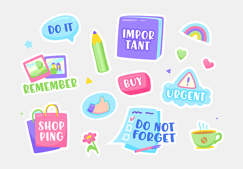 Set of Stickers Do not Forget, Important, Urgent and Buy. Shopping, Remember and Do It Notification Sticky Symbols, Pencil, Bag and Notebook with Coffee Cup and Thumb Up. Cartoon Vector Illustration