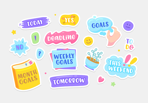 Set of Stickers Today, Deadline, Yes or No and To Do. This Weekend, Tomorrow, Month and Weekly Goals or This Weekend. Smile, Heart and Cup Isolated on White Background. Cartoon Vector Illustration