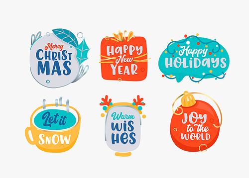 Merry Christmas and Happy New Year Icons Set, Holidays Season Greeting Labels Isolated on White Background. Decorative Festive Design Elements for Winter Xmas Seasonal Celebration Vector Illustration