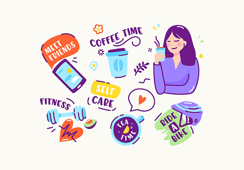 Set of Stickers or Icons in Doodle Linear Style. Meet Friends, Coffee Time, Fitness, Self Care, Ride a Bike, Tea Time. Smartphone, Dumbbell and Bicyclist Helmet with Girl. Cartoon Vector Illustration