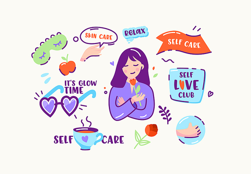 Set of Stickers or Icons in Doodle Linear Style Skin Care, Relax, Self Care and Self Love Club, It's Glow Time. Relaxed Girl with Flower, Heart Sunglasses and Tea Cup. Cartoon Vector Illustration