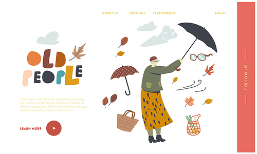 Aged Female Character Fighting with Strong Wind Landing Page Template. Senior Woman Holding Broken Umbrella Protecting from Hurricane in Cold Autumn Weather, Thunderstorm. Linear Vector Illustration