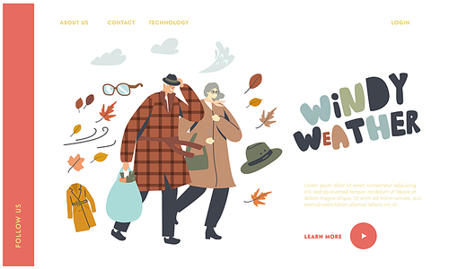 Autumn Cold Season Landing Page Template. Senior Couple Characters Fighting with Strong Wind, Aged People Walking in Windy Weather, Old Lady and Gentleman Protect of Storm. Linear Vector Illustration