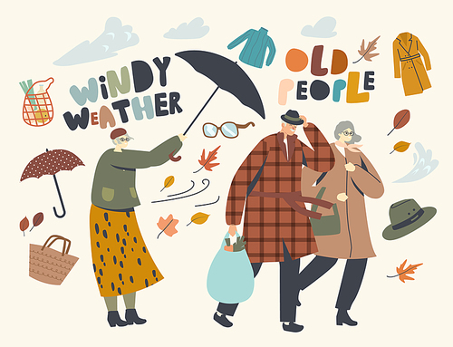 Senior Characters Fighting with Strong Wind, Aged Couple Man and Woman Walk in Windy Weather, Old Lady with Destroyed Umbrella Trying to Protect from Storm and Rain. Linear People Vector Illustration