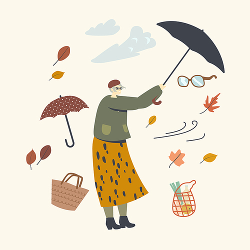 Senior Woman Holding Broken Umbrella Protecting from Hurricane. Aged Female Character Fighting with Extremely Blowing Strong Wind in Cold Autumn Weather, Thunderstorm. Linear Vector Illustration