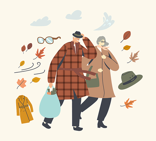 Senior Couple Characters Fighting with Strong Wind, Aged Man and Woman Walking in Windy Weather, Old Lady and Gentleman Protect of Storm, Rain at Autumn Cold Season. Linear People Vector Illustration