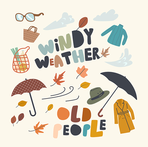 Set Icons Old People in Windy Weather Theme. Umbrella, Coat, Hat and String Bag with Grocery, Sweater, Fallen Tree Leaves and Glasses with Bag. Autumn Season, Strong Wind. Linear Vector Illustration