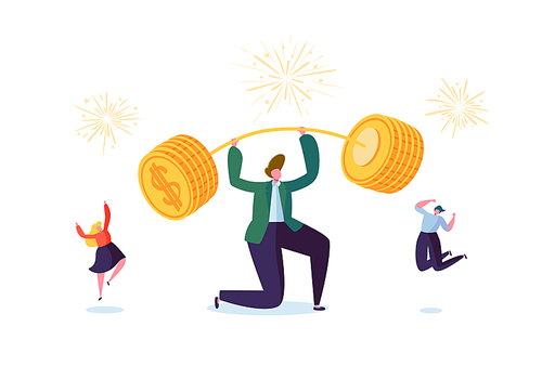 Businessman Lifting Up Barbell with Golden Coins. Financial Success Team Work Concept. Business Achievement Making Money. People Celebrating. Vector illustration