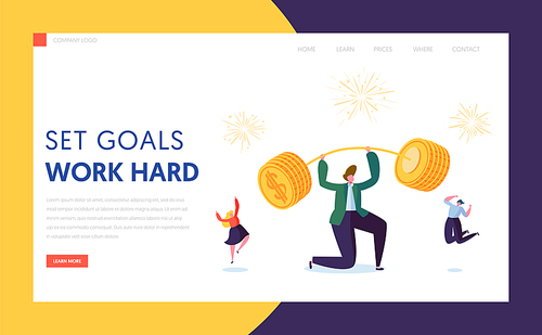 Finance Capital Increase Character Landing Page. Businessman Lift Up Barbell with Money Coin. Investment Goal Achievement Concept for Website or Web Page. Flat Cartoon Vector Illustration