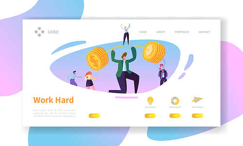 Finance Revenue Increase Symbol Landing Page. Businessman Lift up Barbell with Money Coin. Invest Goal Advantage Success Concept for Website or Web Page. Flat Cartoon Vector Illustration