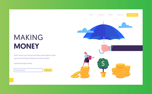 Financial Protection Money Landing Page Template. Insurance Agent Holding Umbrella over Money. Financial Protection Concept with Woman Watering Money Tree for Website. Flat Vector Illustration