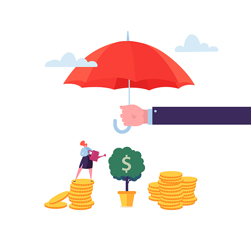 Insurance Agent Holding Umbrella Over Money. Financial Protection Concept with Character Woman Watering Money Tree. Safety Investment. Vector illustration