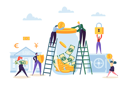 Money Savings Concept. Business People Characters Investing Money on Bank Account. Moneybox, Safe Deposit, Banking. Vector illustration