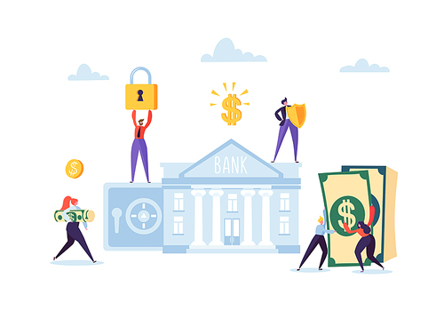 Money Savings Concept. Business People Characters Investing Money on Bank Account. Safe Deposit, Banking, Earnings, Investments. Vector illustration