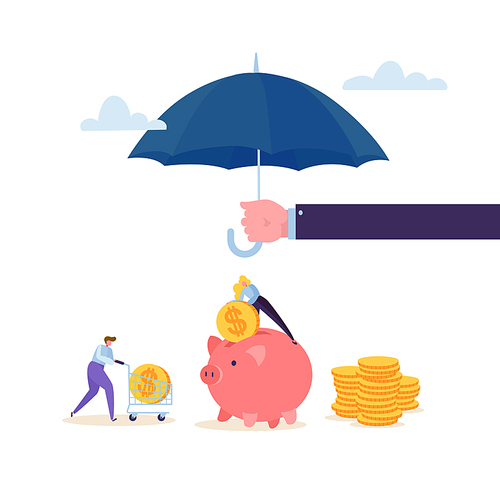 Insurance Agent Holding Umbrella Over Money. Financial Protection Concept with Character Woman Collecting Golden Coins in Piggy Bank. Safety Investment. Vector illustration