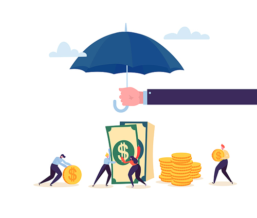 Insurance Agent Holding Umbrella Over Money Savings. Financial Protection Concept with Characters Collecting Golden Coins. Safety Investment. Vector illustration