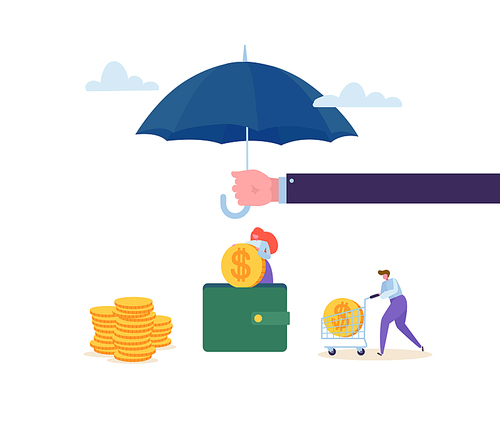 Insurance Agent Holding Umbrella Over Money Savings. Financial Protection Concept with Characters Collecting Golden Coins into the Wallet. Safety Investment. Vector illustration