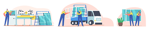 Plastic Window Producing, Delivery and Installation Concept. Installer Workers Characters Service, Pvc Glass Installing, Home Remodeling, Repair and Renovation Work. Cartoon People Vector Illustration