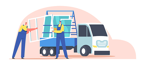 Workers Male Characters Loading Pvc Windows on Stationary Semi Truck with Glass Rack for Pane Transportation. Delivering Service, Construction and Repair Works. Cartoon People Vector Illustration