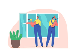 Window Installer Worker Characters House Construction and Carpenter Service, Plastic Window Glass Installation, Home Remodeling, Repair and Renovation Carpentry. Cartoon People Vector Illustration