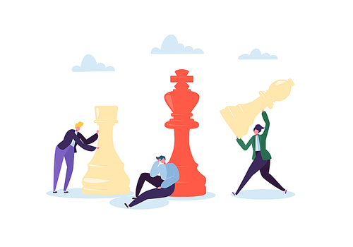 Characters Playing Chess. Business Planning and Strategy Concept. Businessman with Chess Pieces. Competition and Leadership. Vector illustration