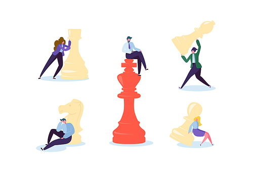 Characters Playing Chess. Business Planning and Strategy Concept. Businessman and Businesswoman with Chess Pieces. Competition and Leadership. Vector illustration