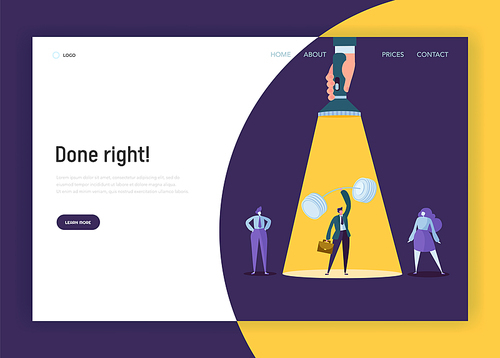 Recruitment Leadership Creative Idea Concept Landing Page. Hand with Flashlight Pointing to Strong Businessman Character. Human Resource Website or Web Page. Flat Cartoon Vector Illustration