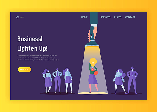 Recruitment Leadership Creative Idea Concept Landing Page. Flashlight Pointing to Young Business lady Character Lighting Up People. Website or Web Page Manager Career Flat Cartoon Vector Illustration