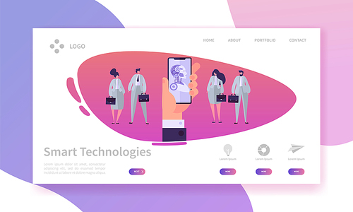 hand holding mobile phone concept landing page. bot smart technologies. engineering vs business people. artificial intelligence concept website or web page. flat cartoon vector illustration.