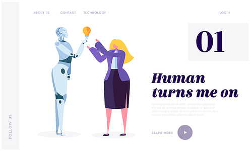 Human Turn on Robot Landing Page. Development Robotic is Future of World. Artificial Intelligence, Machine Learning and Computational Neuroscience Website or Web Page. Flat Cartoon Vector Illustration