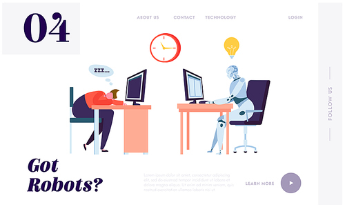 Robot Working All Time Landing Page. Character Sleeping on Workplace. Machine can Process Information Constantly Without Stopping Website or Web Page. Flat Cartoon Vector Illustration