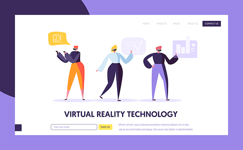 Virtual Reality landing page template. Augmented reality concept for website or web page. People Characters having VR World Experience. Entertainment Technology. Vector illustration
