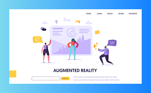 Virtual Reality landing page template. Augmented reality concept for website or web page. People Characters having VR World Experience. Entertainment Technology. Vector illustration
