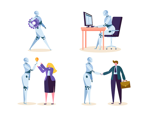 Robot Work in Office with People. Machine Ai Character Help Businessman in Future Job. Cyborg and Man make Agreement with Handshake. Flat Cartoon Vector Illustration